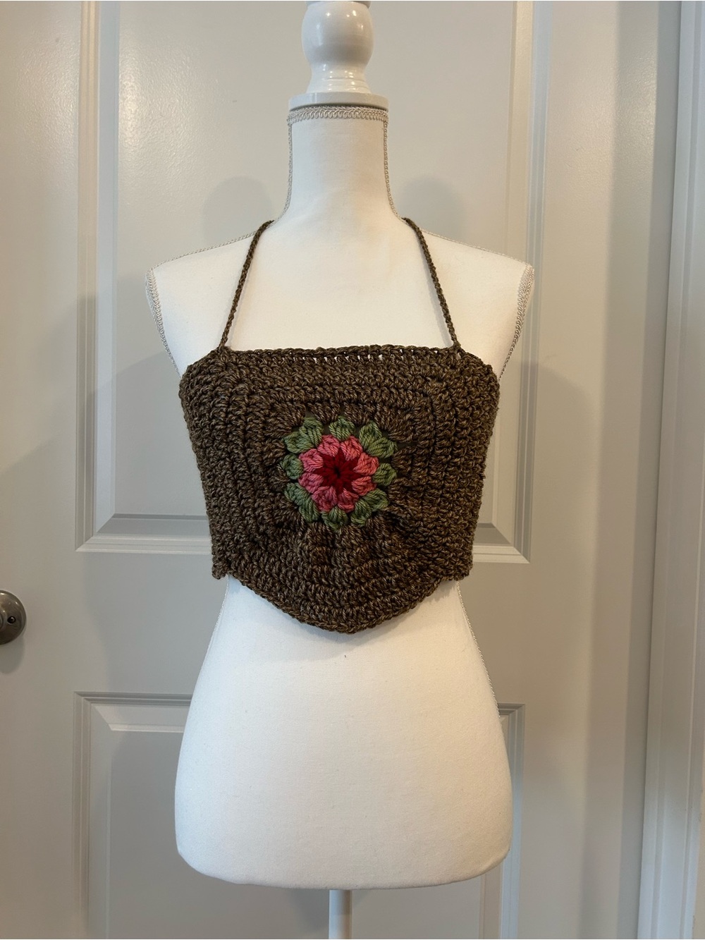 Handmade Brown Crochet Halter Crop Top with Floral Motif